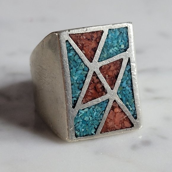 Mens Vintage Estate Sterling Silver Turquoise Coral Ring 20.8g E6931 - Picture 4 of 5